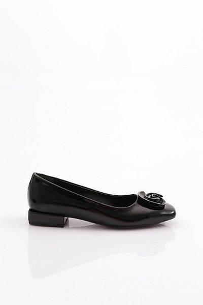 DGN Black Patent Leather Rose Buckle Women's Heeled Shoes - 49442534