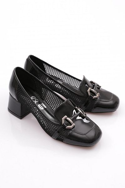 DGN Pantofi cu toc de damă cu accesorii metalice din piele neagră 7663535