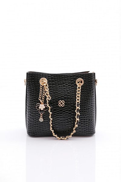 DGN Women's Flower Brooch Chain Detailed Bag Black Bean 81103555
