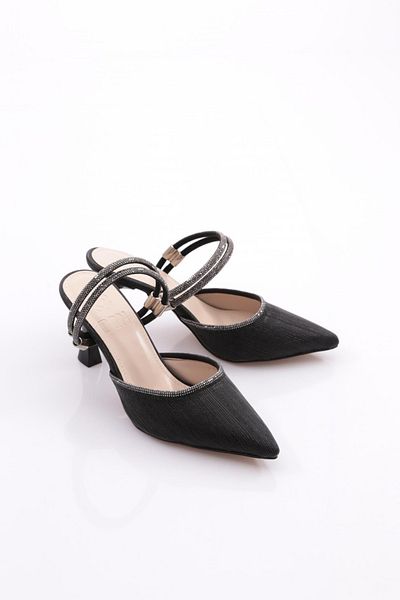 DGN Pantofi de seară cu toc decorati cu piatră de damă, negru argintiu 262341102145322322
