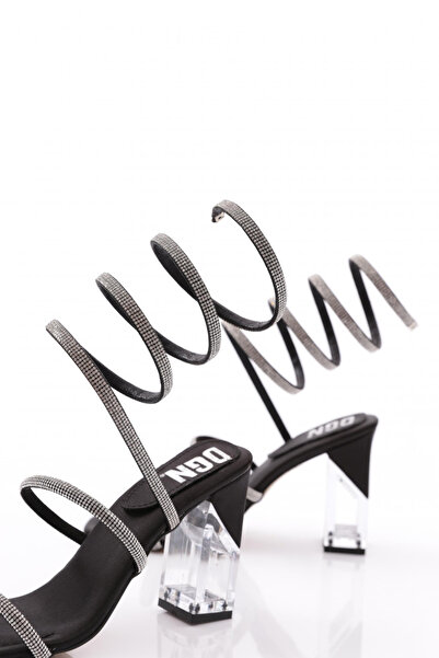 DGN Kadın Ipli Bileği Saran Topuklu Abiye Ayakkabı Siyah Saten 31352668