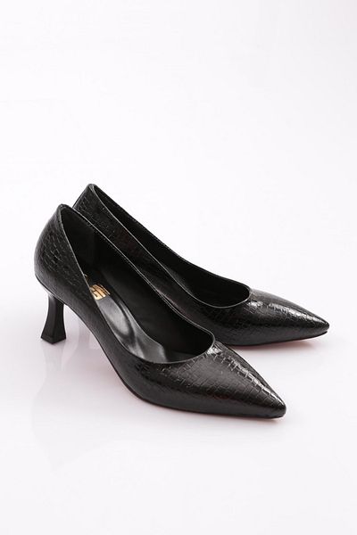DGN Pointed Toe Low-Cut Heeled Shoes Black Wrinkled Crocodile 43121029
