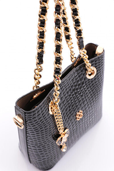 DGN Women's Flower Brooch Chain Detailed Bag Black Bean 81103555