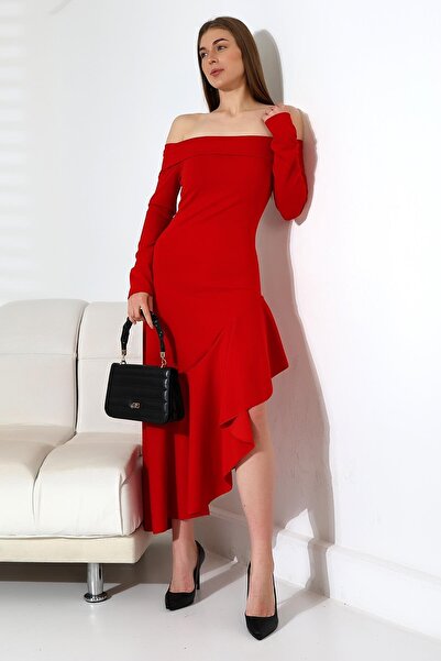 Deafox Red Crepe Fabric Asymmetrical Skirt Detail Boat Neck Dress