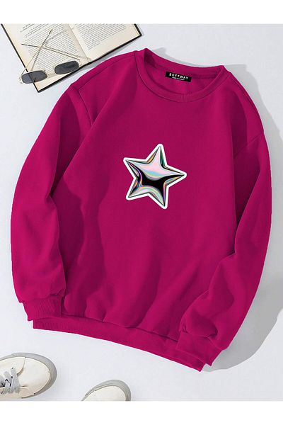 SOFTWAY Φούξια Unisex Oversize Crew Neck Shining Metallic Star εμπριμέ φούτερ