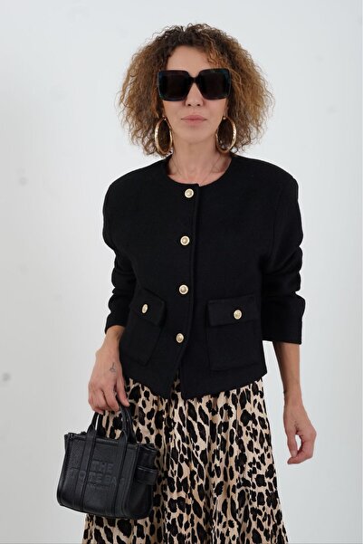 Zelish My Sister Siyah Gold Düğmeli Örme Keçe Ceket