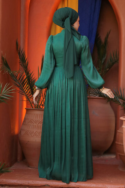 Neva Style Rochie de seară hijab verde cu detaliu drapat 44081y
