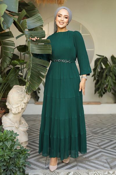 Neva Style Rochie Hijab plisată verde smarald - 44761ZY