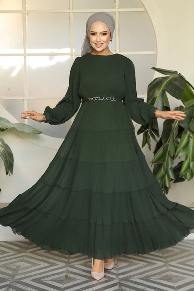 Neva Style Layered Pleated Dark Khaki Hijab Dress 44761Khk
