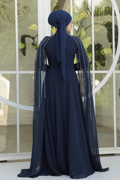 Neva Style Βραδινό φόρεμα Cape Detailed Navy Blue Hijab 47381L