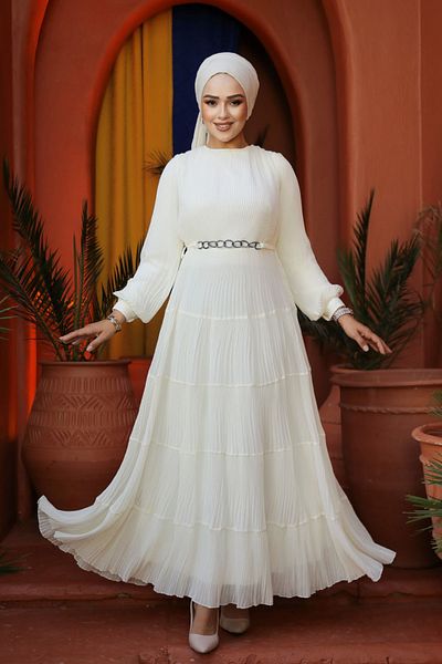 Neva Style Ecru Hijab Pleated Dress - 44761E