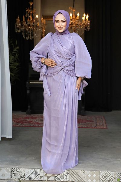Neva Style Rochie de seara cu hijab - Rochie de seara hijab liliac cu detaliu drapat 47261lıla