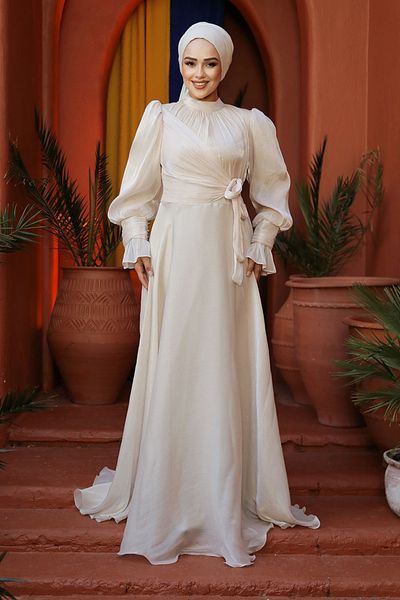 Neva Style Rochie de seară hijab bej cu detaliu de șireturi 48051bej