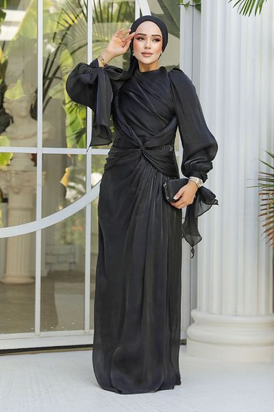 Neva Style Rochie de seara cu hijab - Rochie de seara neagra cu hijab cu detaliu drapat 47261s