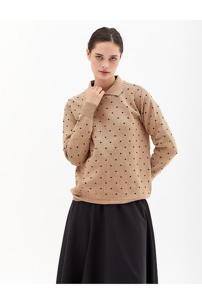 Kayra Beige Navy Blue Polka Dot Bead Knitwear Blouse