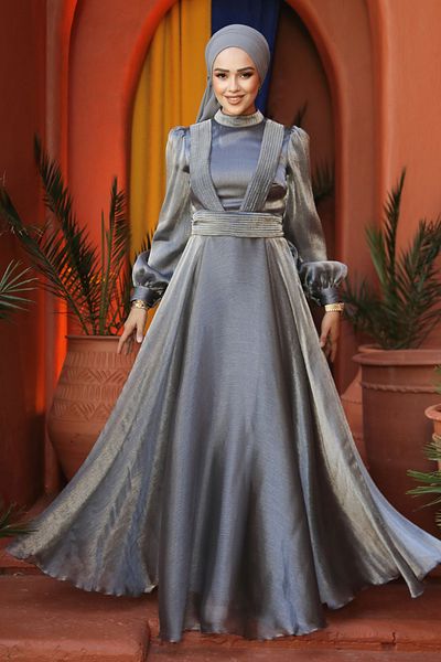 Neva Style فستان سهرة حجاب رمادي بتفاصيل ثنى 45701gr