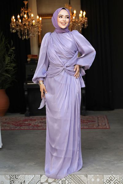 Neva Style Rochie de seara cu hijab - Rochie de seara hijab liliac cu detaliu drapat 47261lıla
