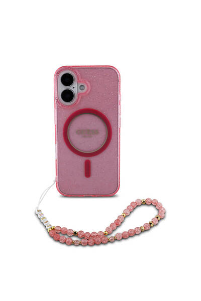 Guess iPhone 16 Plus Uyumlu Kılıf Guess  Lisans Magsafe Özellik Simli Silikon İnci Bileklikli Pembe