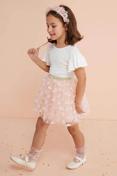 Le Mabelle Salmon Butterfly Appliqued Girl's Tulle Skirt - Pauline
