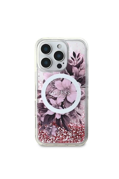 Guess iPhone 16 Pro Max Uyumlu Kılıf Lisans Magsafe Özellik Sıvılı Simli Çiçe...