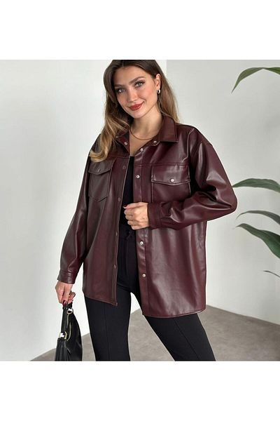 MEYASU Дамска кафява риза от изкуствена кожа с джоб