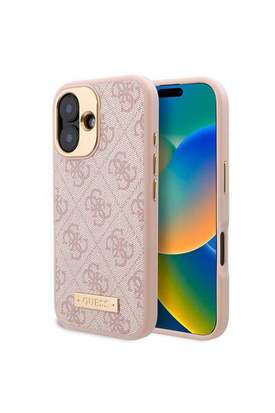 Guess iPhone 16 Plus Kılıf Guess  Lisanslı Magsafe Özellik PU 4G Desenli Metal Klasik Logolu Pembe
