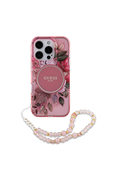 Guess iPhone 16 Pro Kılıf Guess  Lisanslı Magsafe Özellikli IML Baskılı Çiçek İnci Bileklikli Pembe