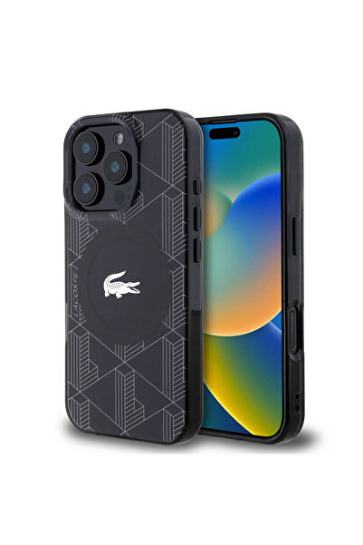 Lacoste iPhone 16 Pro Max Kılıf Lacoste Lisanslı Magsafe Özellik IML Baskı Timsah Logolu Monogram Siyah