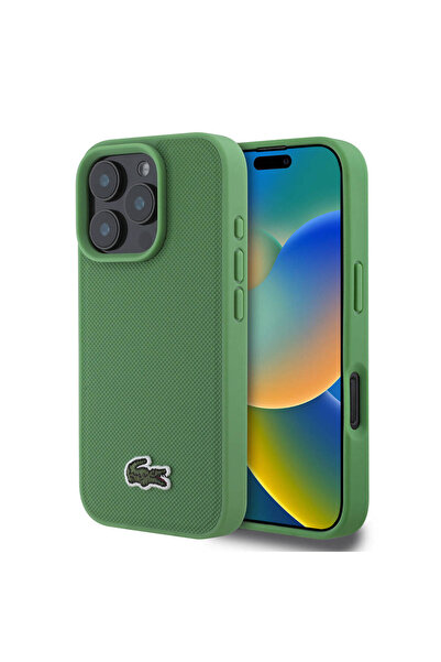 Lacoste iPhone 16 Pro Max Kılıf Lacoste Lisanslı PU Pike Desenli İkonik Timsah Dokuma Logolu Yeşil