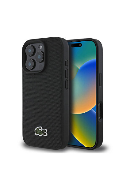 Lacoste iPhone 16 Pro Kılıf Lacoste  Lisanslı PU Pike Desenli İkonik Timsah Dokuma Logolu Siyah