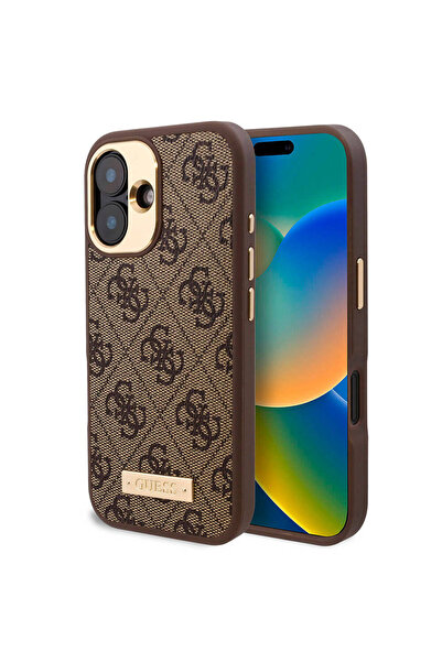 Guess iPhone 16 Plus Kılıf Guess Lisanslı Magsafe Özellikli PU 4G Desenli Metal Klasik Logolu Kahverengi