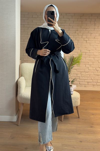 Salih Çelebi 2157 Belted Trench Coat with Piping Detail - Black