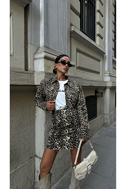 YOUR NAME Leopard Patterned Padded Women's Crop Denim Jacket