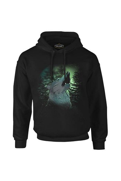 Lord T-Shirt Wolf Howling In A Green Light Forest Black Men's Zipperless Hoodie