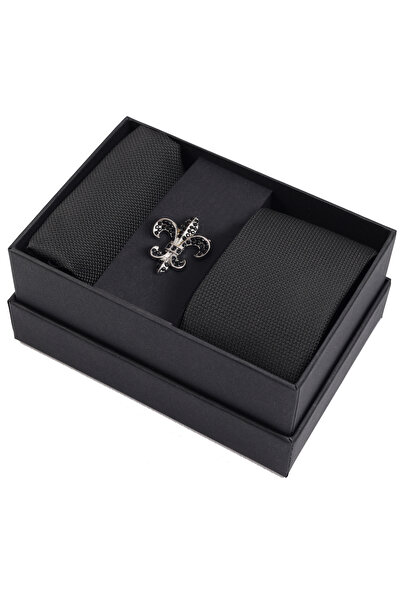 Esgue Black 6 cm Slim Tie Handkerchief & Silver Color Lily Flower Brooch Men'...