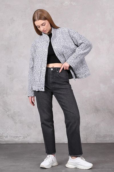 YOUR NAME Gray Women's Bomber Jacket with Boucle Pockets