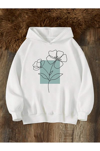 Harmandar White Floral Printed Thick Fluffy Unisex Sweatshirt - Kangaroo Pocket and Hood