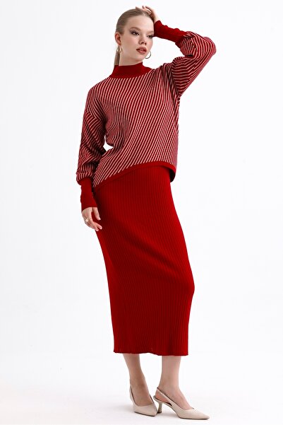 MD trend Women's Half Turtleneck Striped Asymmetrical Sweater and Ribbed Dress Double Knitwear Set