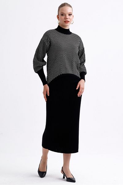MD trend Women's Half Turtleneck Striped Asymmetrical Sweater and Ribbed Dress Double Knitwear Set