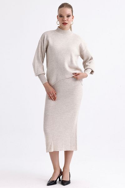 MD trend Women's Half Turtleneck Asymmetrical Sweater and Strappy Ribbed Dress Double Knitwear Set