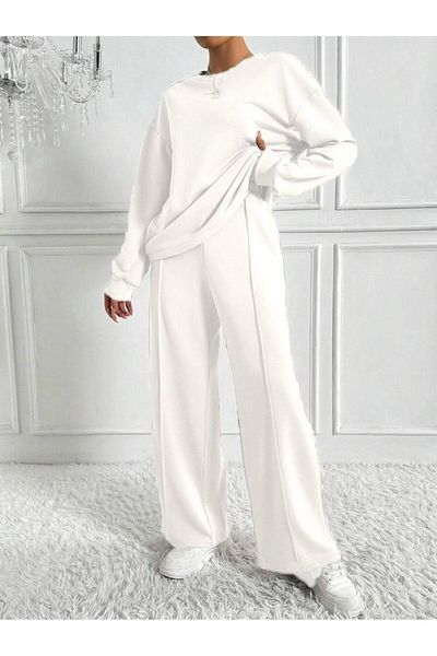 Machetta Women's Large Size Crew Neck Leg Stitching Detail 3 Thread Hijab Double Set