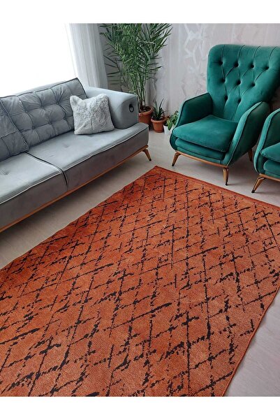 Saray Life Iskandinav Desenli Turuncu Şönil Kilim Kaydırmaz Dokuma Pamuk Taba...
