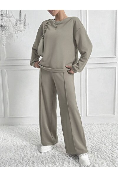 MANCY Women's Crew Neck Leg Stitching Detail 3 Thread Hijab Double Set