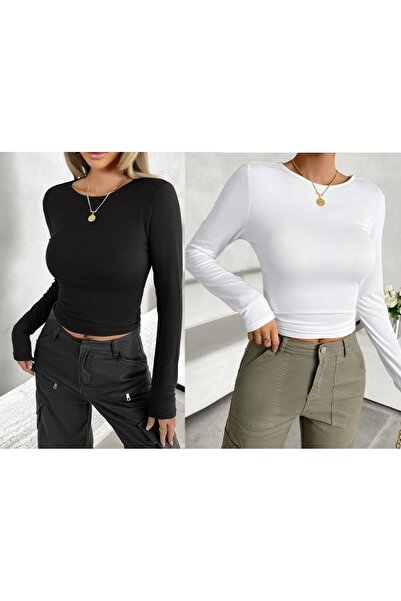 ÖZ PAMUK Kadın 2 Li Adet %100 Pamuklu Bisiklet Yaka Örme Düz Uzun Kol Bluz