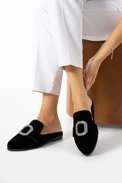 Moda Devrin Black Nubuck Square Pointed Home and Outdoor Slippers