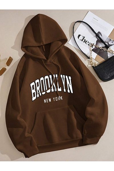 Harmandar Brooklyn Brown Unisex Fluffy φούτερ - 3 κλωστές, τσέπη καγκουρό, κουκούλα