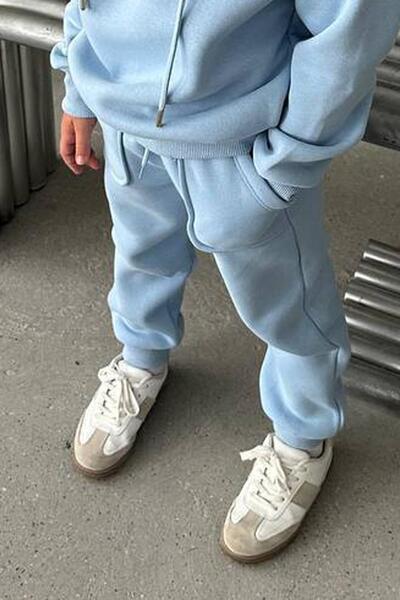 Riccotarz Girl's Raised Rope Detailed Sweatshirt Cotton Ice Blue Tracksuit Set