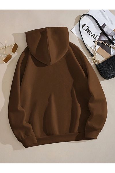 Harmandar Brooklyn Brown Unisex Fluffy φούτερ - 3 κλωστές, τσέπη καγκουρό, κουκούλα