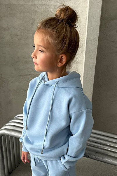 Riccotarz Girl's Raised Rope Detailed Sweatshirt Cotton Ice Blue Tracksuit Set