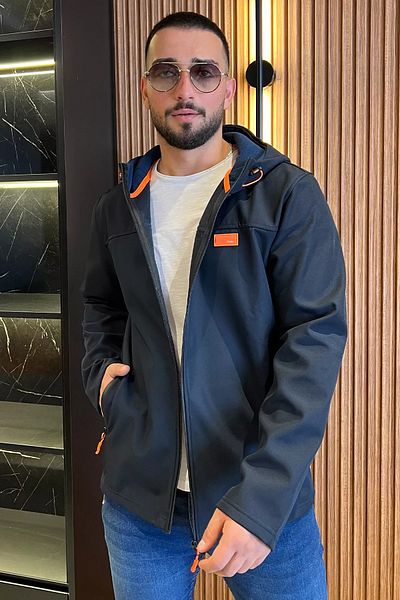 MİSHAR İTALİA Мъжко сезонно палто с качулка в тъмносиньо, полар и вътрешна част